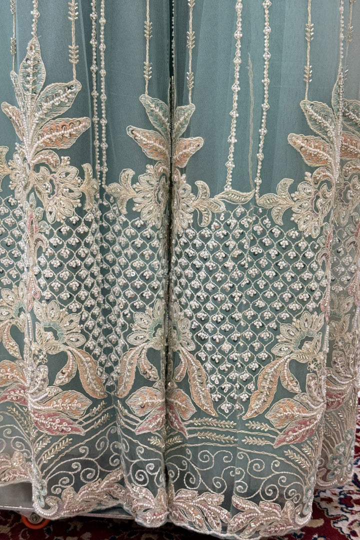 Sea Green Beads, Multicolor Embroidery and Sequins work Palazzo Suit Set