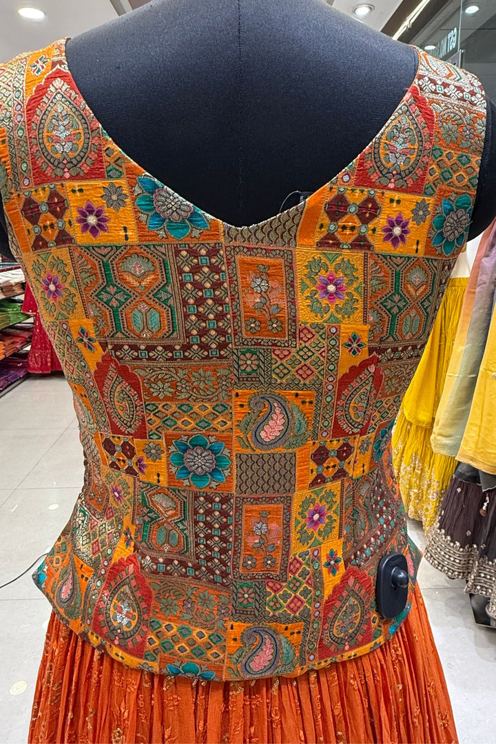 Orange Zardozi, Beads, Mirror, Stone, Zari and Beads work Peplum Style Lehenga