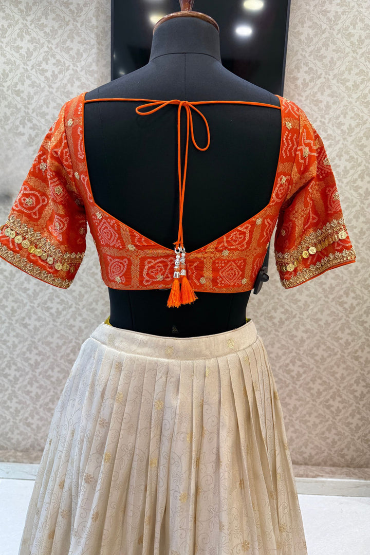 Orange with Cream Banaras, Zardozi, Sequins, Beads and Zari work Crop Top Lehenga