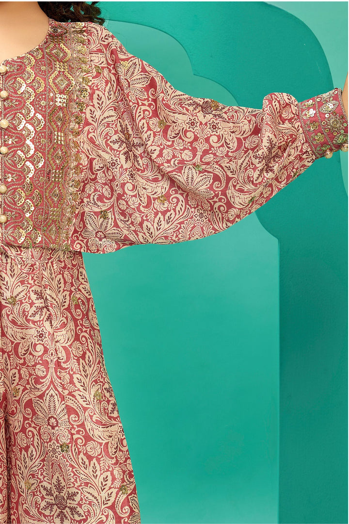 Light Pink Printed, Sequins and Zari work Kaftan Styled Top and Palazzo Set for Girls