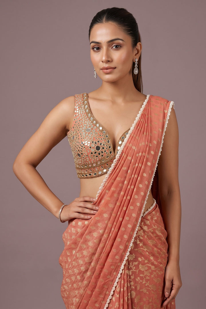 Rust Orange Readymade Banaras work Saree with Mirror work Readymade Blouse