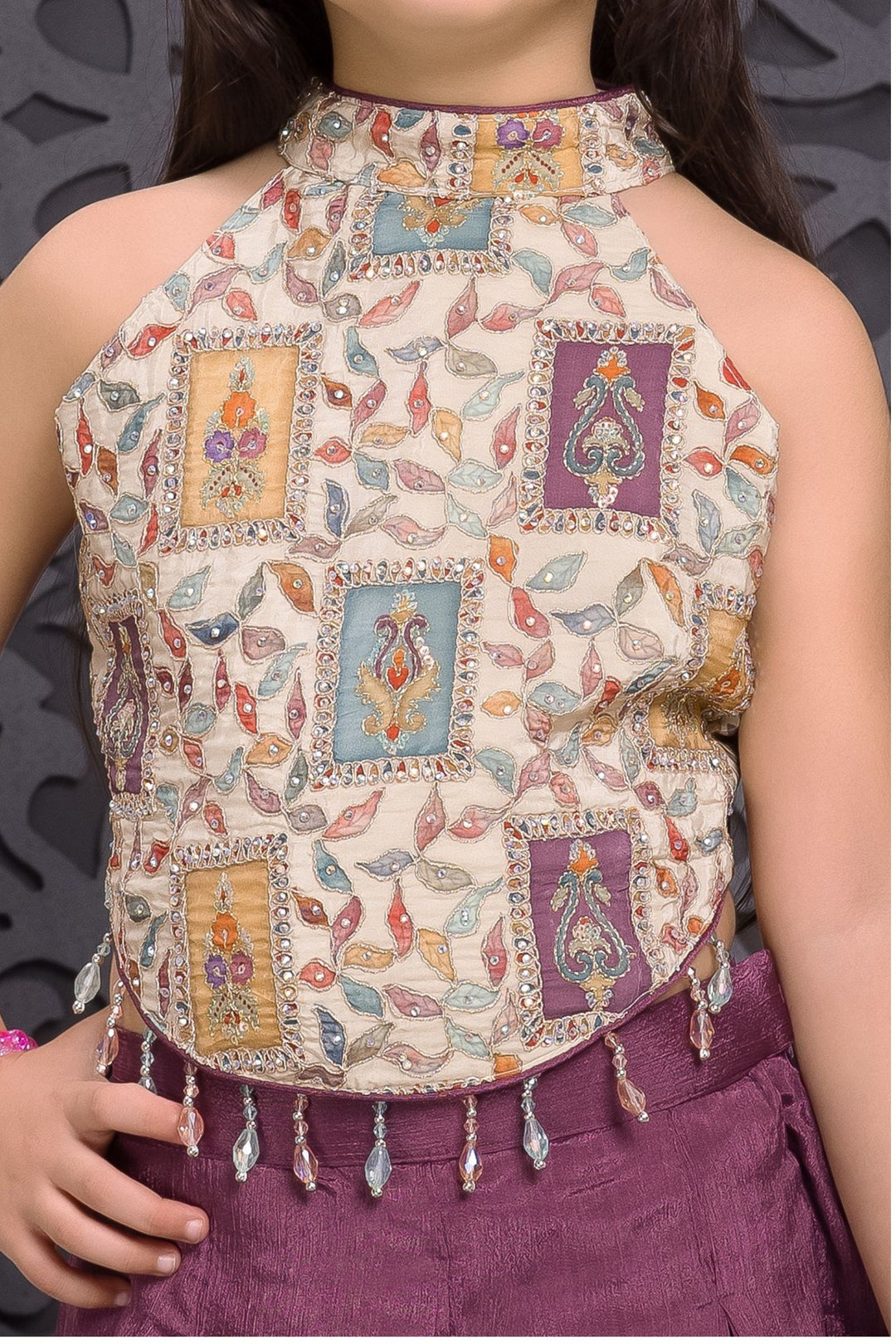 Cream with Purple Girls Palazzo Set with Printed Halter Top