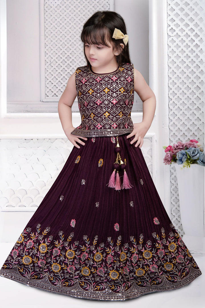 Wine Zari, Sequins and Multicolor Thread work Lehenga Choli for Girls