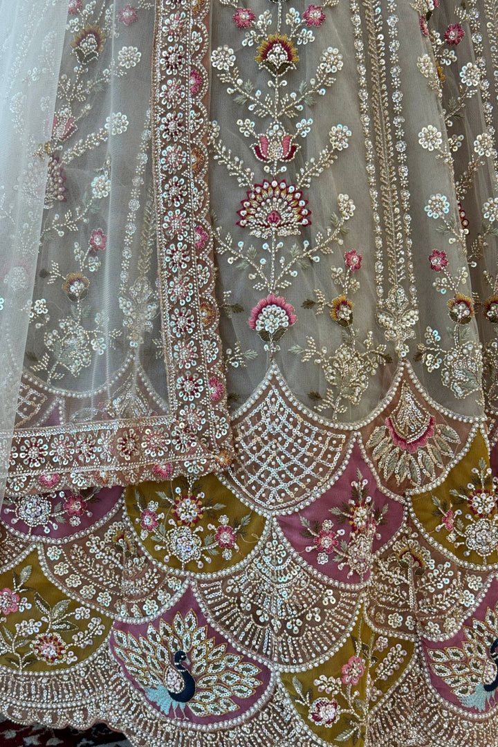 Chiku Beads, Sequins and Embroidery work Crop Top Designer Bridal Lehenga