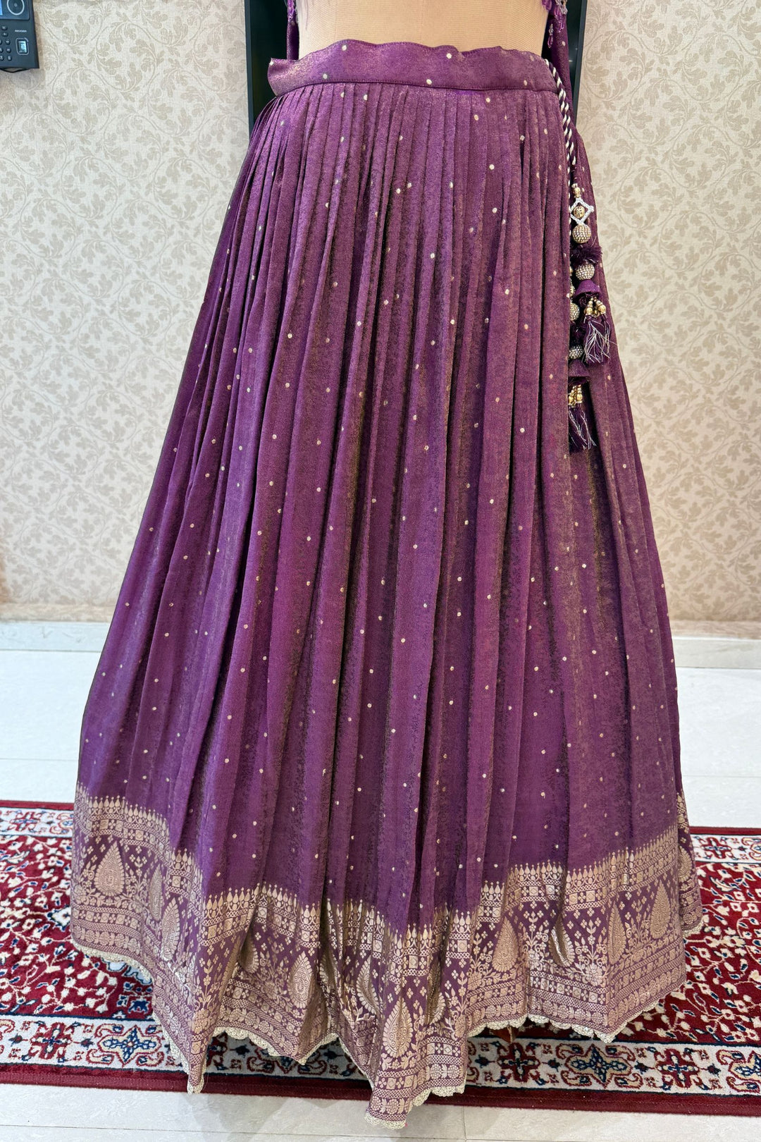 Purple Mirror, Stone, Beads, Zardozi, Zari, Sequins and Banaras work Crop Top Lehenga