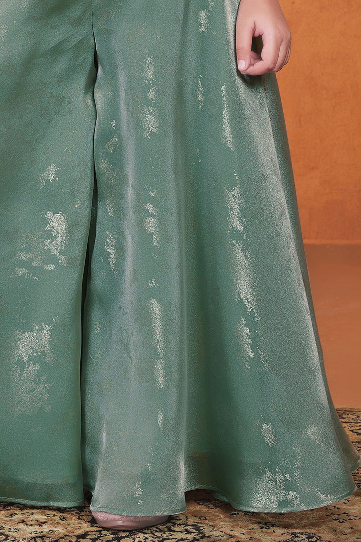 Sea Green Beads, Sequins and Zari work Palazzo Suit Set for Girls