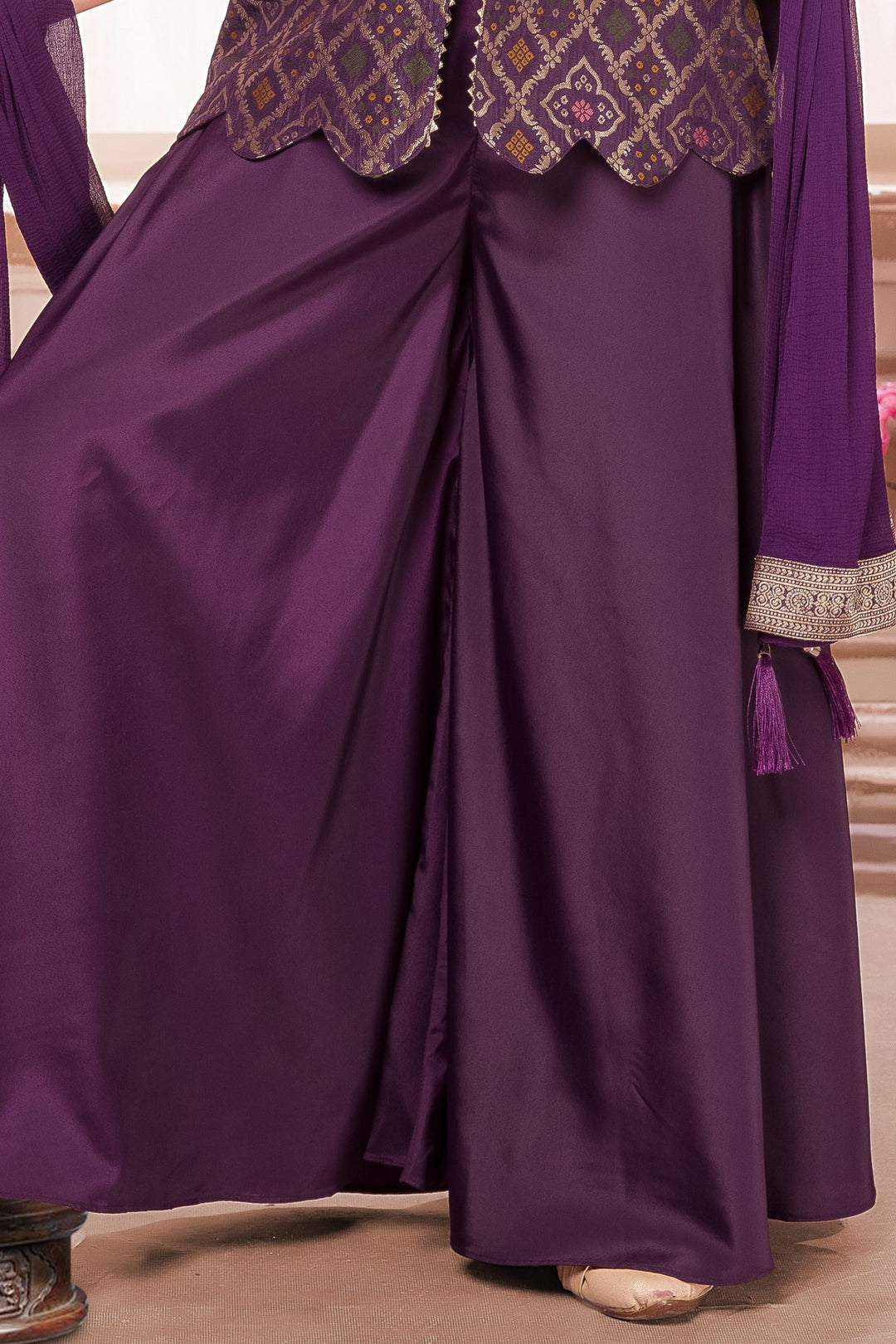 Purple Banaras Zari, Mirror and Beads work Palazzo Suit Set for Girls