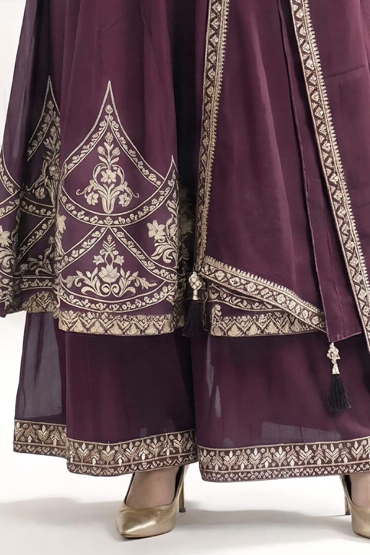 Wine Brocade, Beads and Zardozi work Anarkali Style Salwar Suit with Palazzo Pant