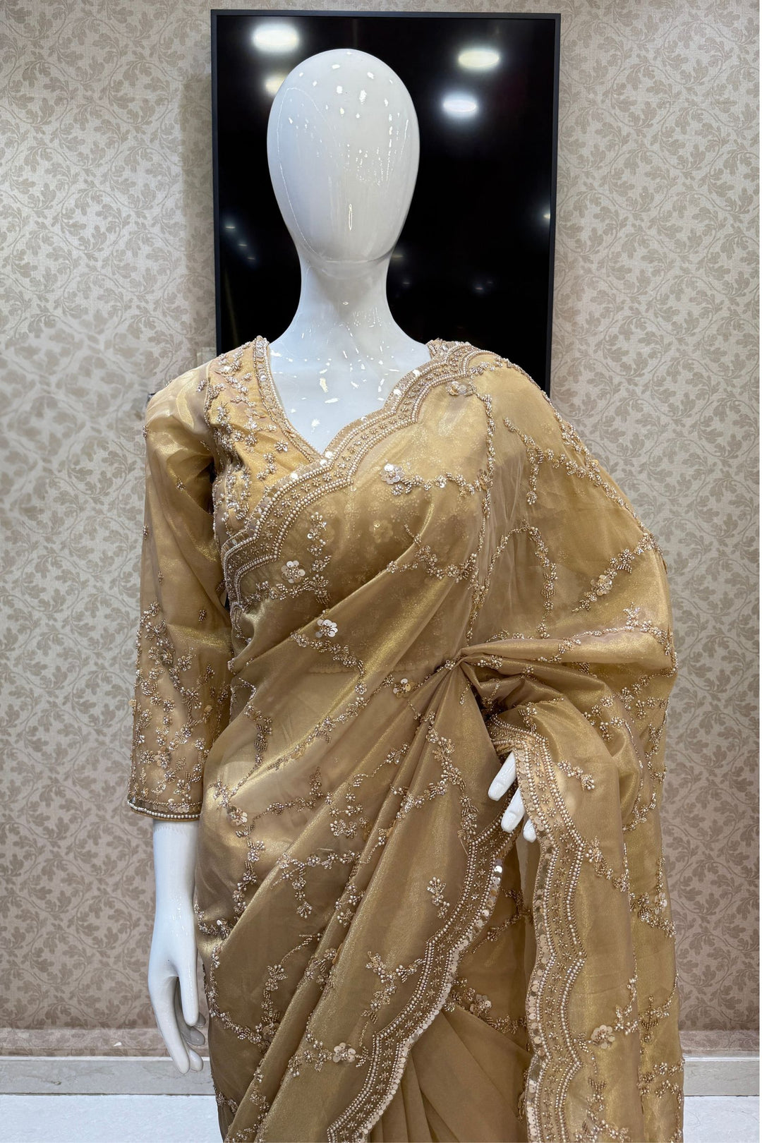 Gold Beads, Sequins, Peral and Zari work Saree