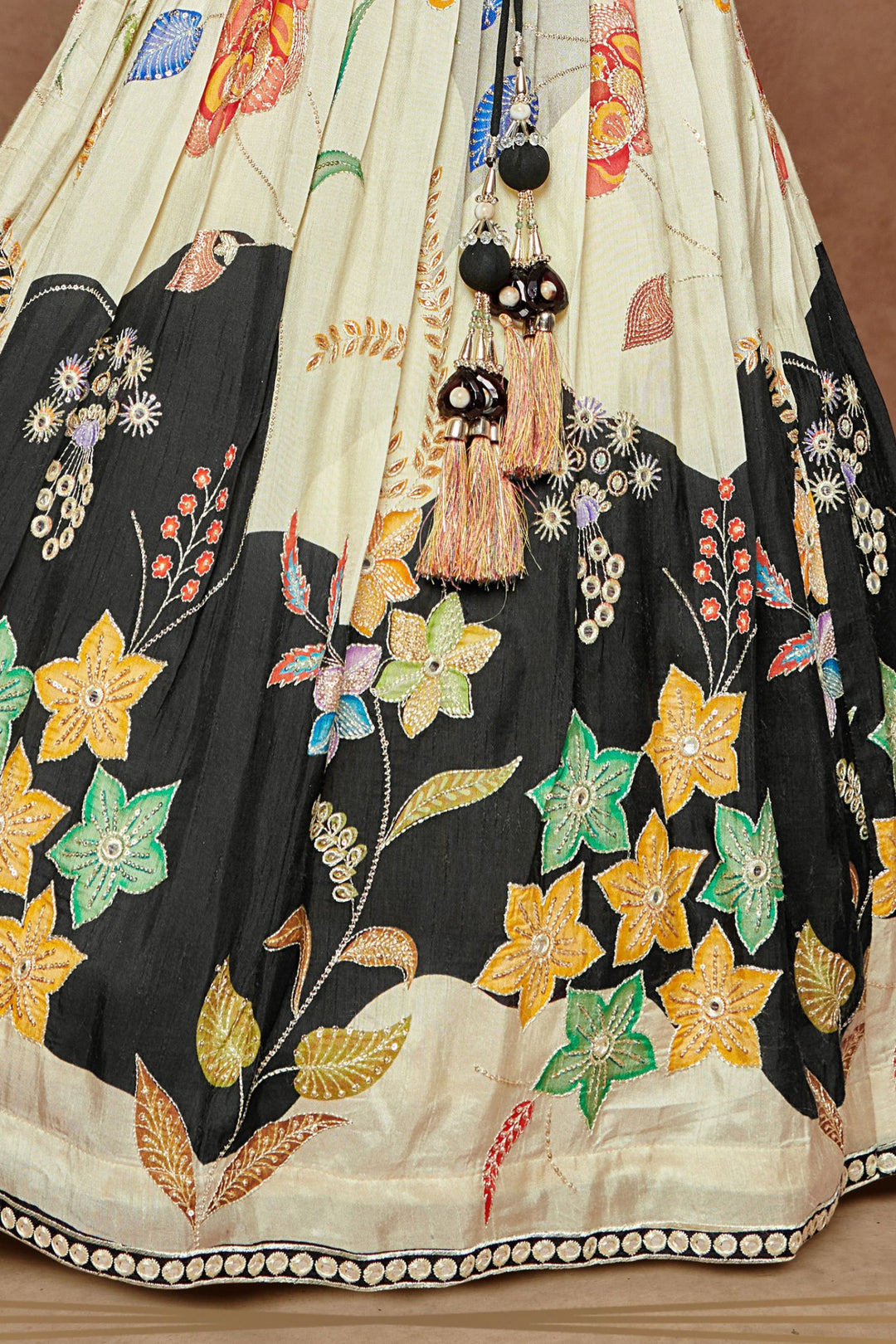 Black with Beige Floral Print, Multicolor Thread and Sequins work Lehenga Choli for Girls