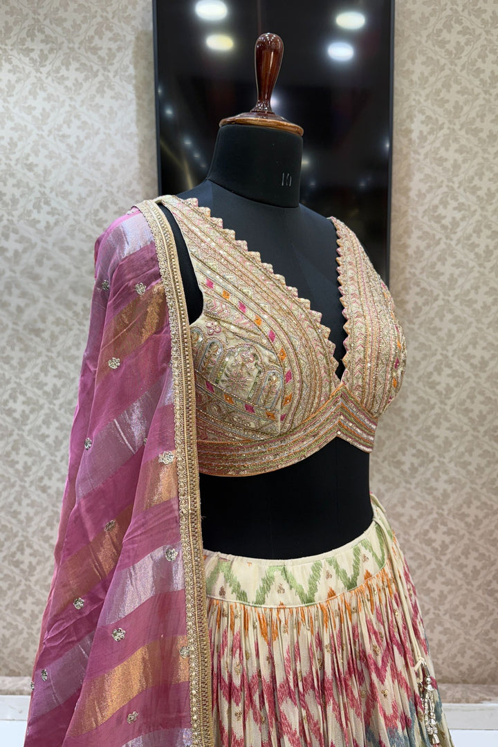 Cream Multicolor Embroidery, Sequins, Zari, Beads and Zardozi work Crop Top Lehenga