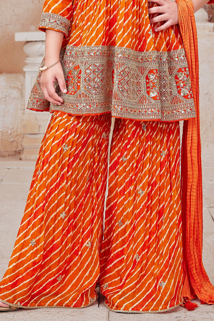 Orange Sequins, Zari and Beads work Peplum Top and Sharara Set for Girls