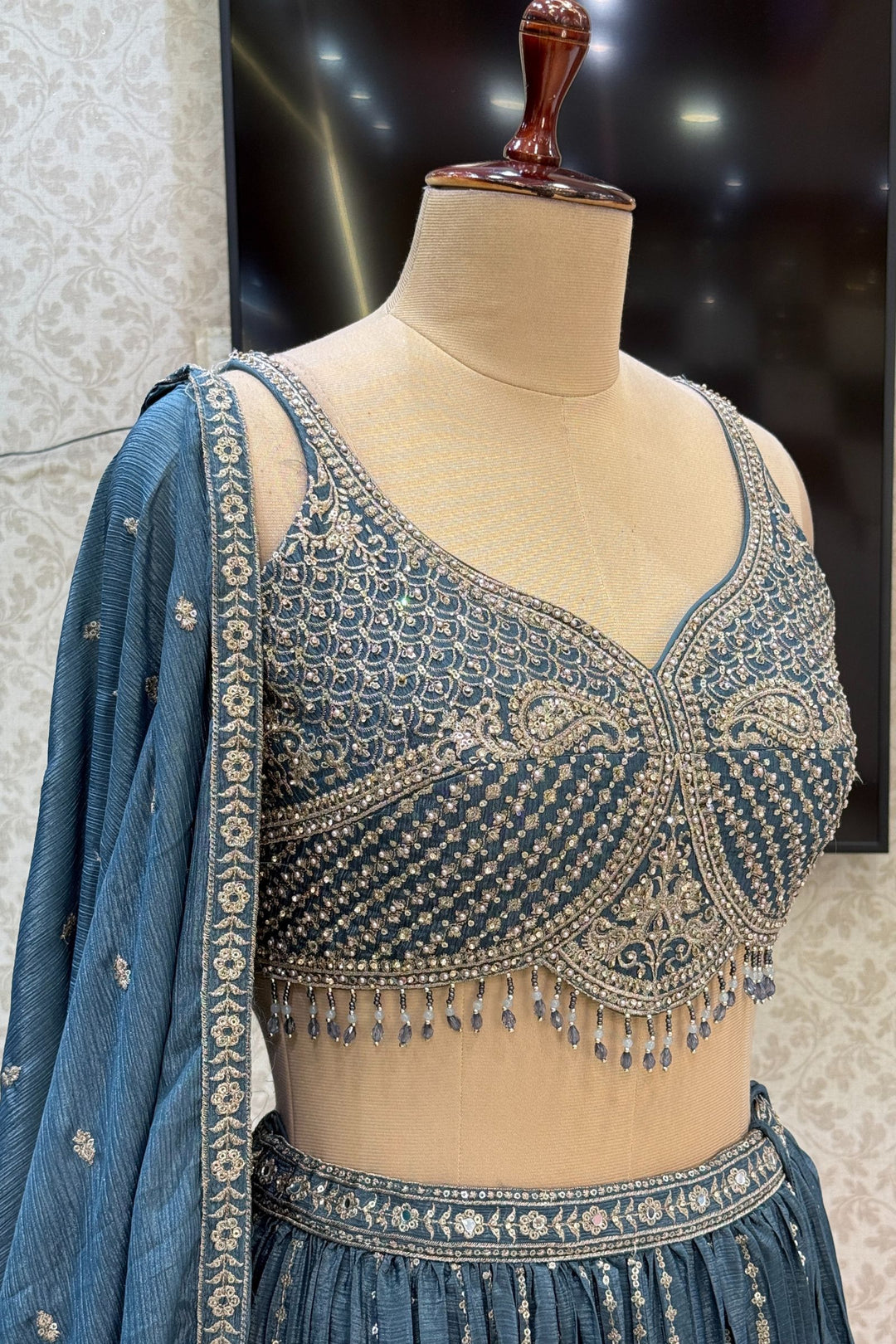 Grey Beads, Stone, Zari and Sequins work Crop Top Lehenga