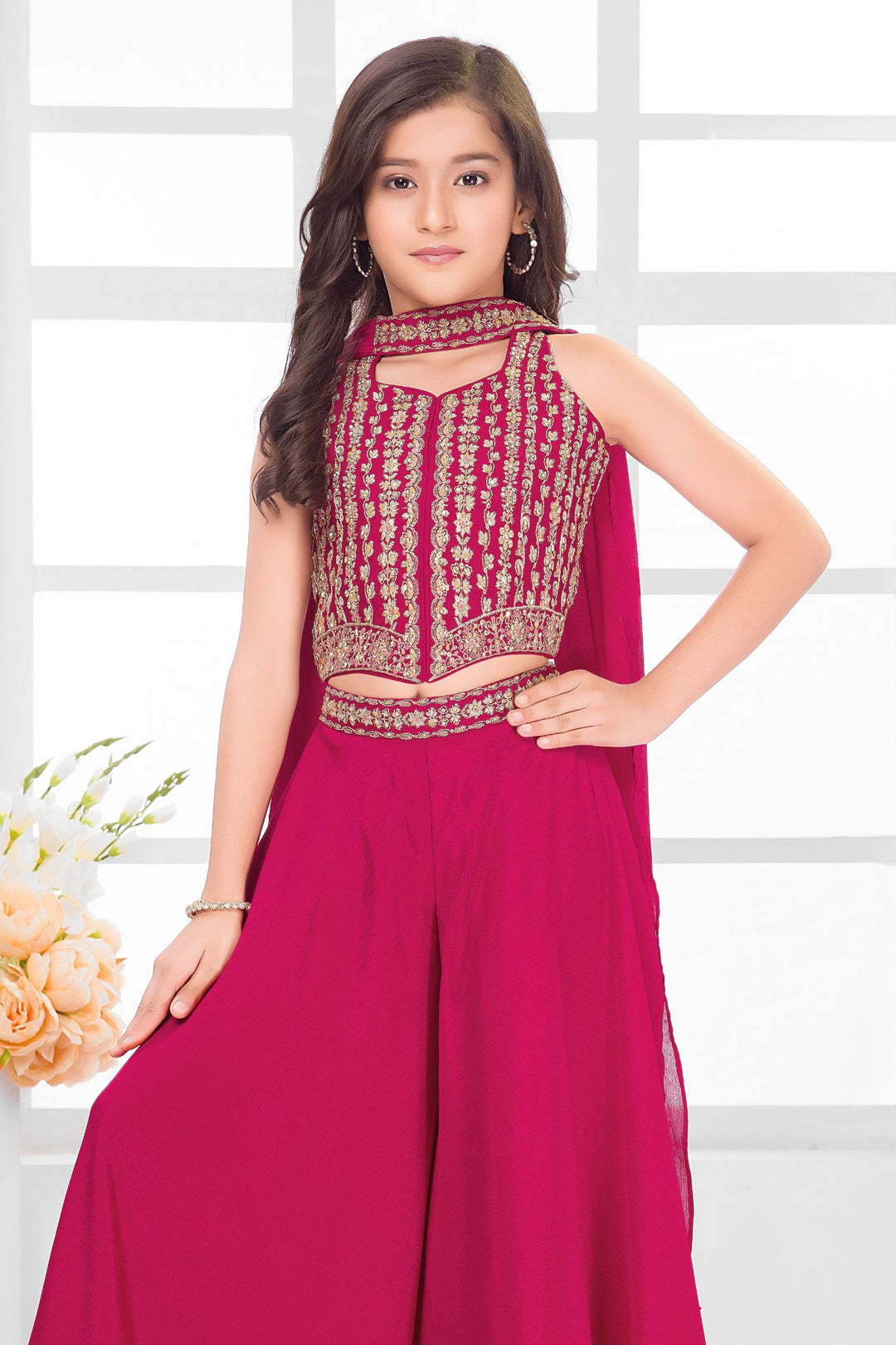 Rani Pink Zari and Stone work Palazzo Suit Set for Girls