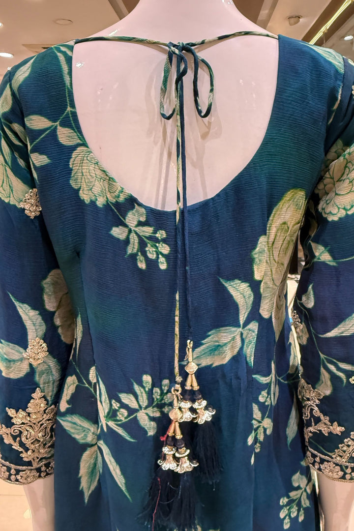 Peacock Blue Sequins and Zari work with Floral Print Sharara Salwar Suit