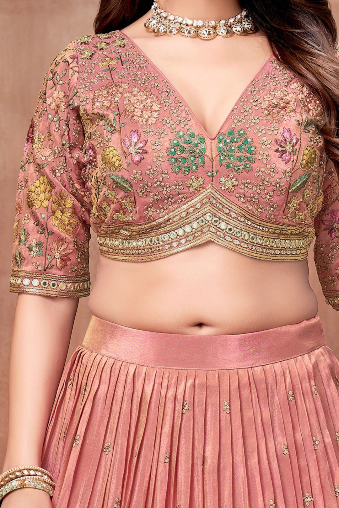 Onion Pink Sequins, Beads, Zardozi and Multicolor Embroidery work Crop Top Lehenga
