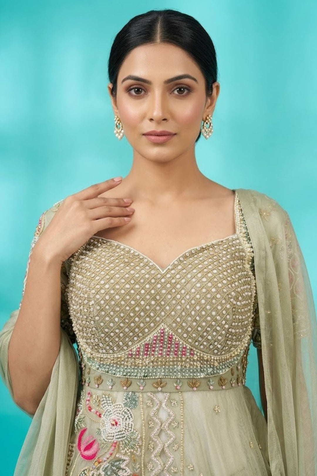 Sea Green Beads, Zardozi, Sequins and Multicolor Thread work Peplum Style Lehenga