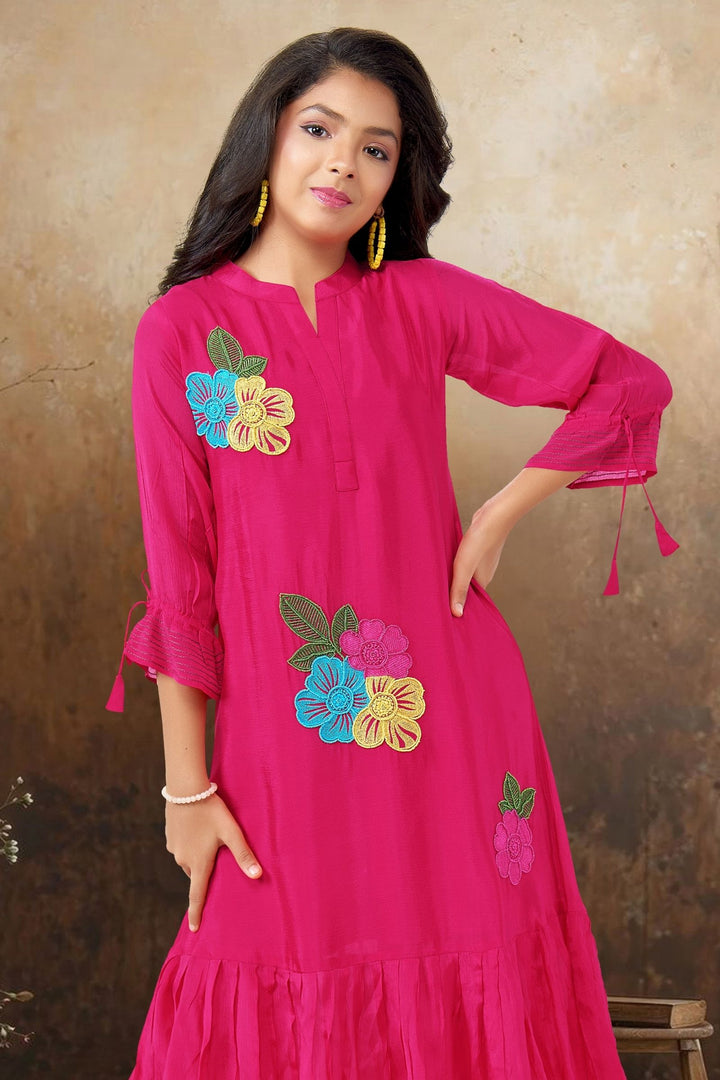 Rani Pink Multicolor Embroidery and Beads work Casual Kurti for Girls