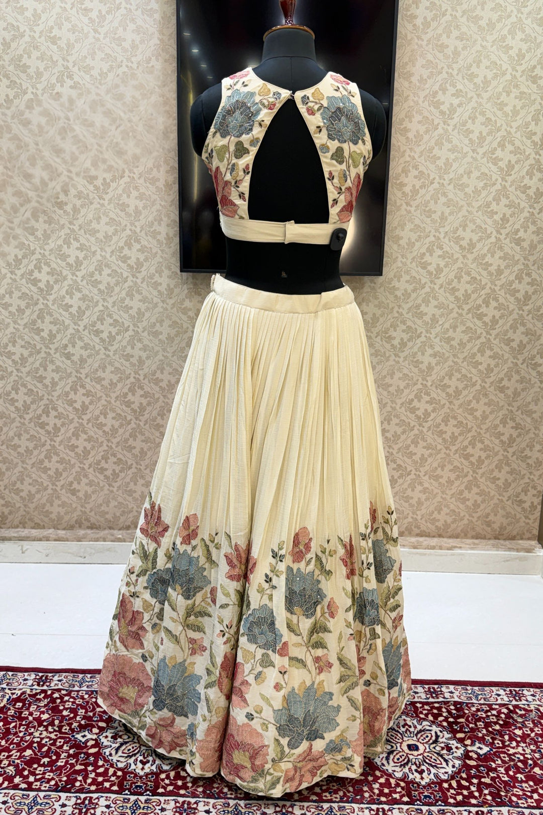 Cream Multicolor Thread, Beads, Zari Thread and Sequins work Crop Top Lehenga