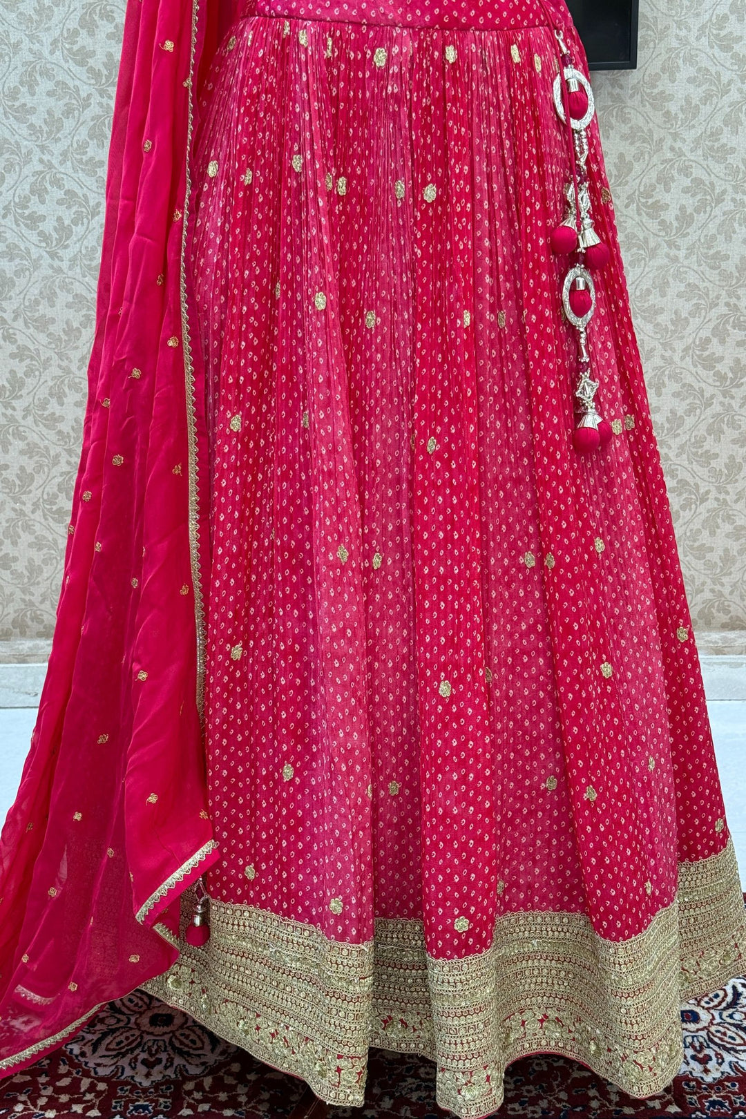 Rani Pink Mirror, Stone, Zardozi and Sequins work with Bandini Print Crop Top Lehenga