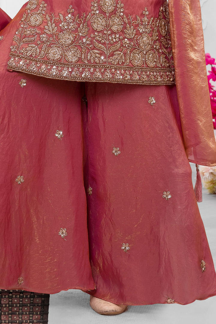 Peach Beads, Zari and Sequins work Palazzo Suit Set for Girls