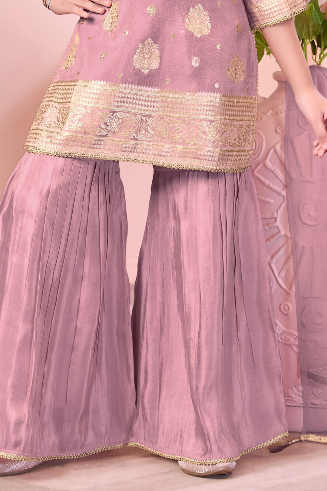 Onion Pink Brocade, Zardozi, Beads and Sequins work Sharara Suit Set for Girls