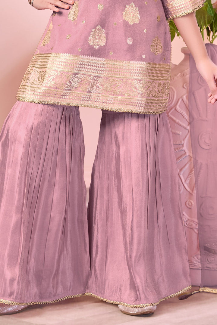 Onion Pink Brocade, Zardozi, Beads and Sequins work Sharara Suit Set for Girls