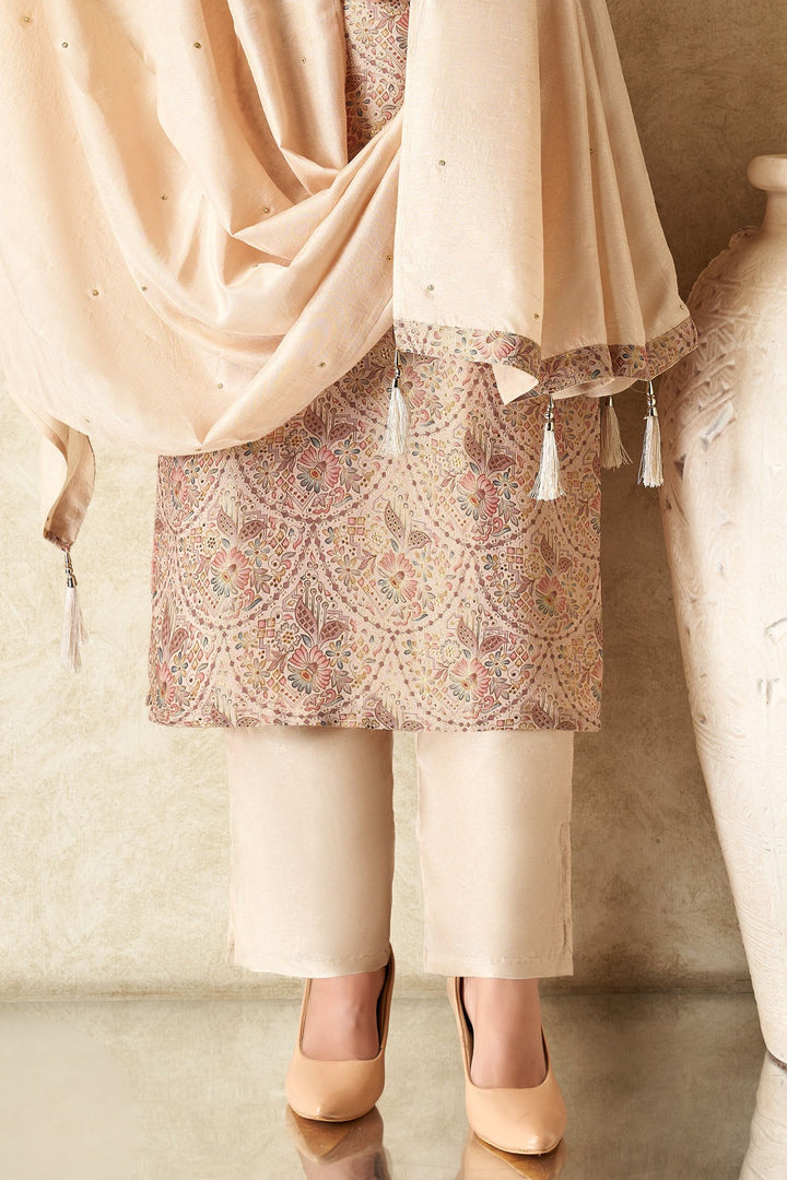 Beige Brocade, Mirror, Zardozi and Sequins work with Digital Print Straight Cut Salwar Suit