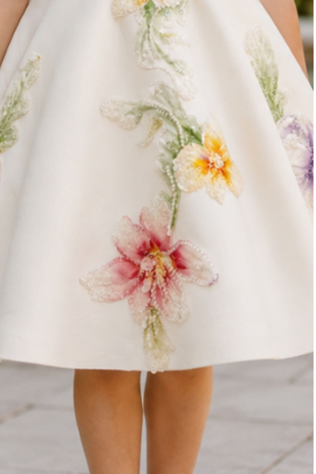 Half White Beads and Floral Applique work Short Partywear Frock for Girls