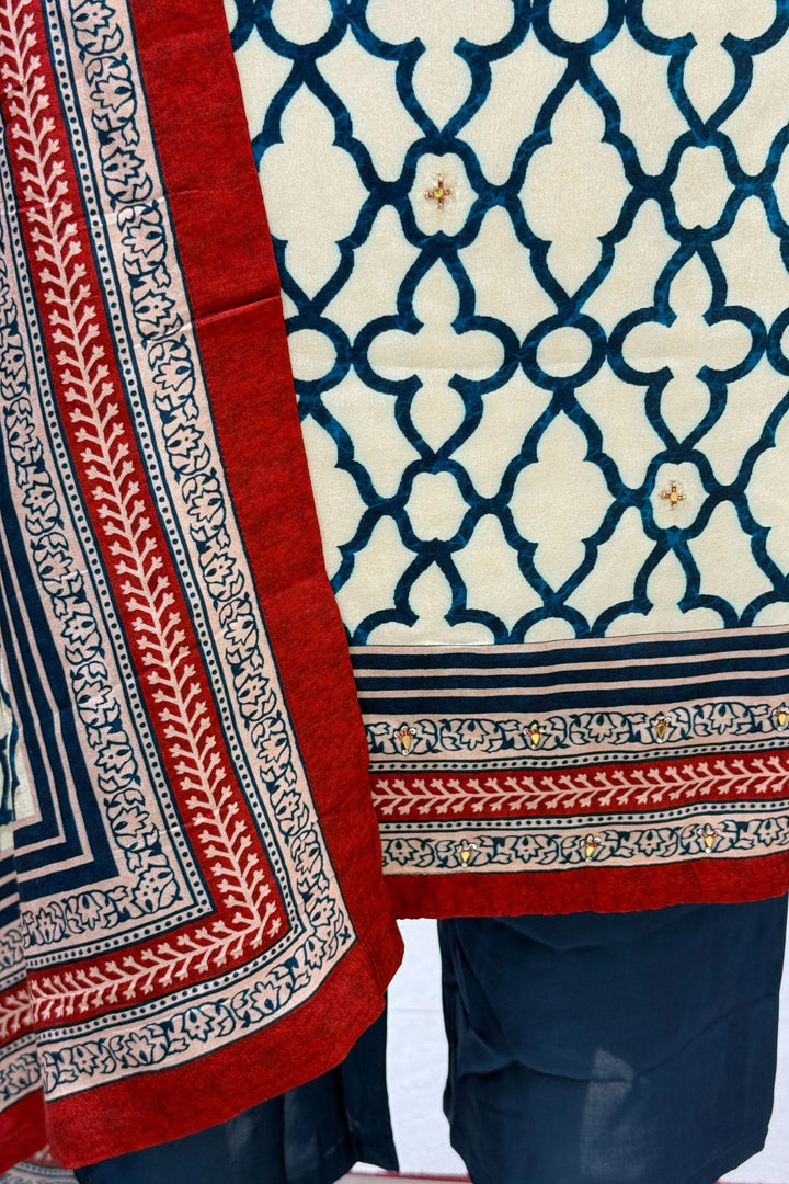Cream with Peacock Blue Beads and Mirror work with Ajrakh Print Straight Cut Salwar Suit
