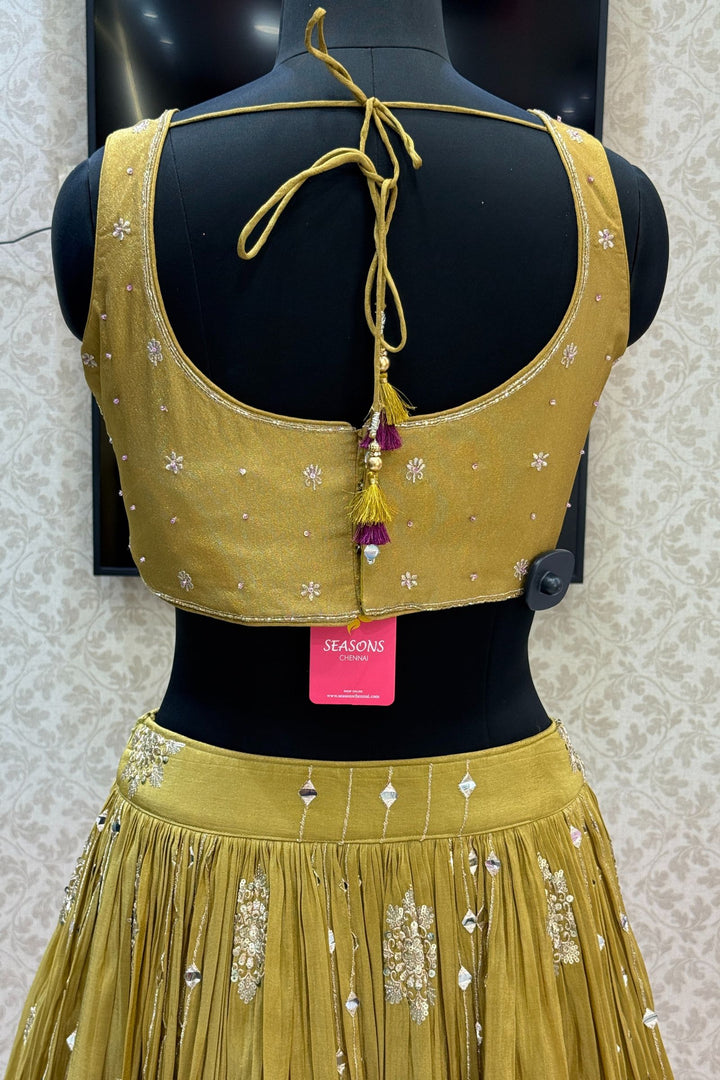Olive Green Mirror, Beads, Zardozi and Sequins work Crop Top Lehenga