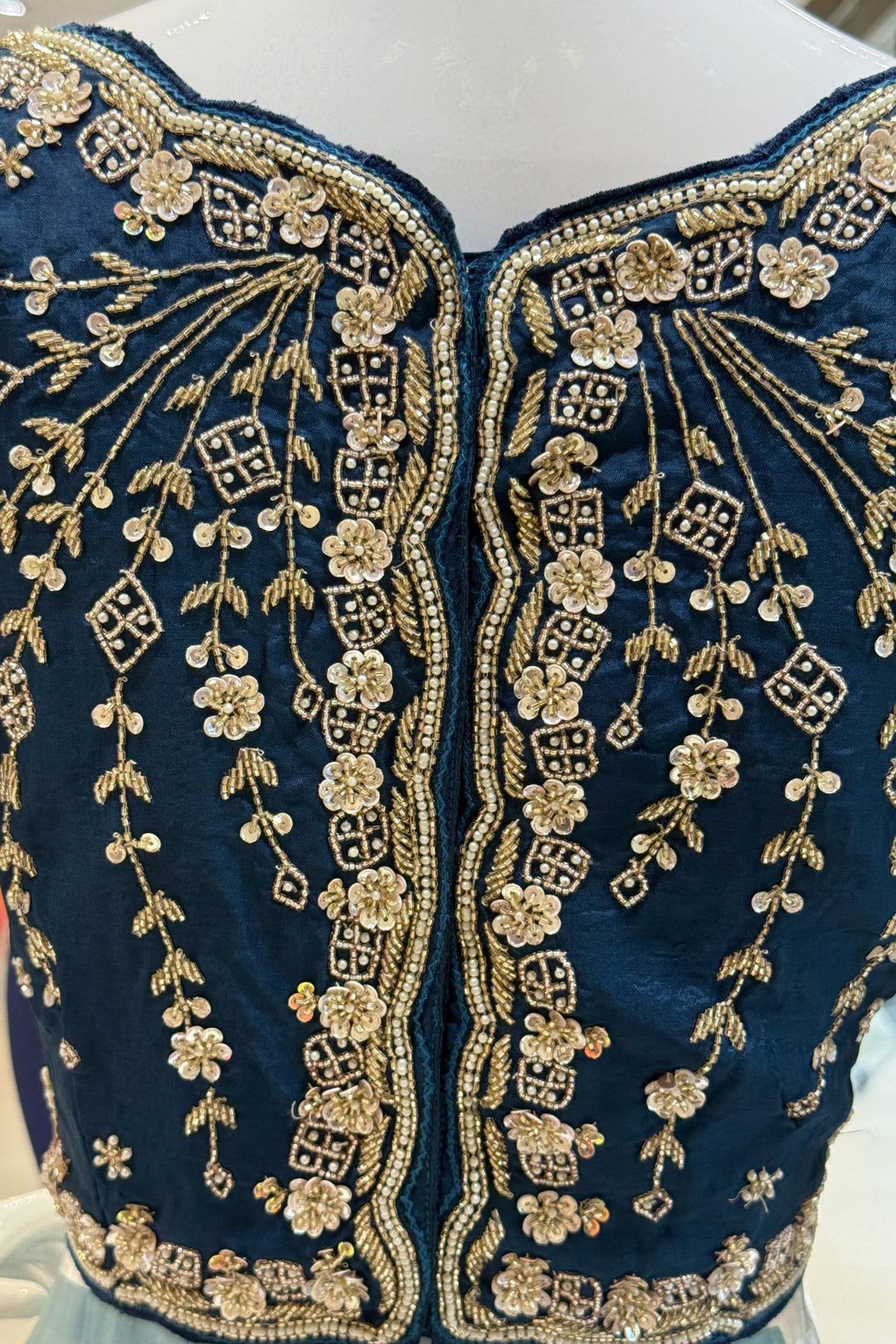 Firozi Blue Beads, Sequins, Zari and Pearls work Saree