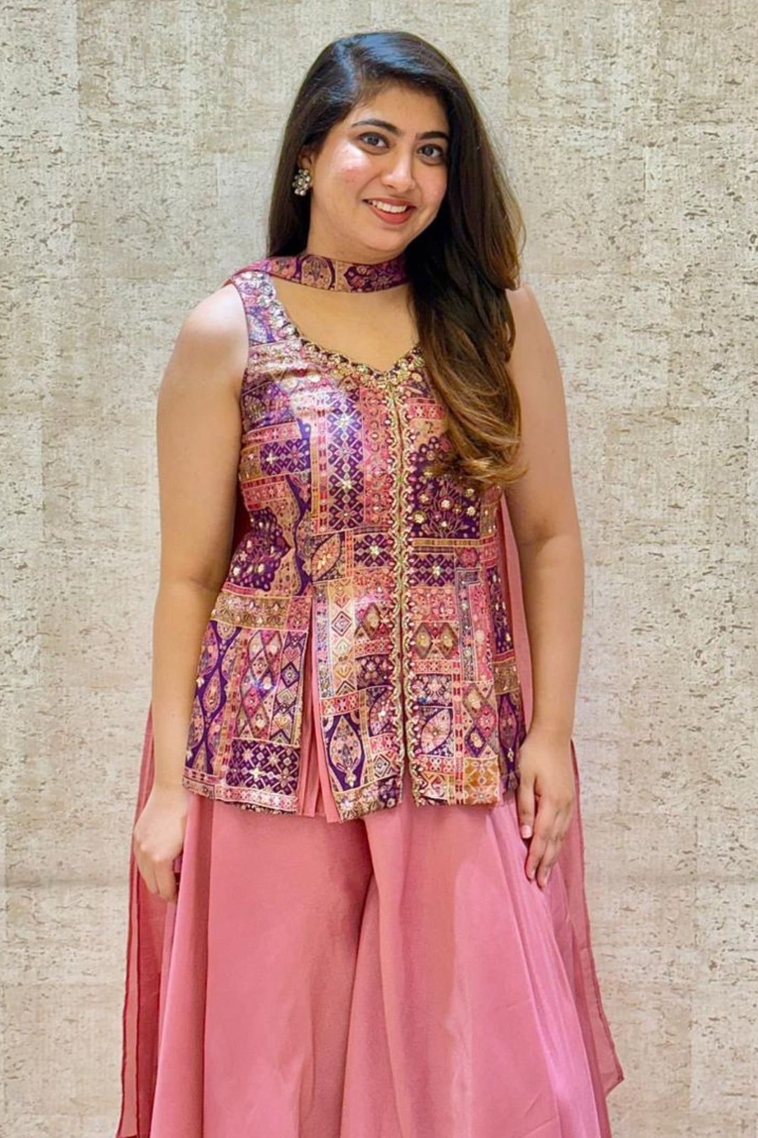Onion Pink Banaras Brocade work Top with Flared Palazzo Set