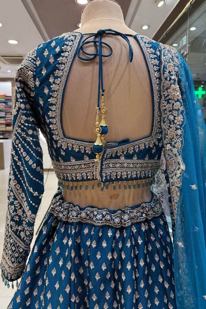 Designer Wedding Lehenga in Peacock Blue with Beads, Zari and Sequins Work