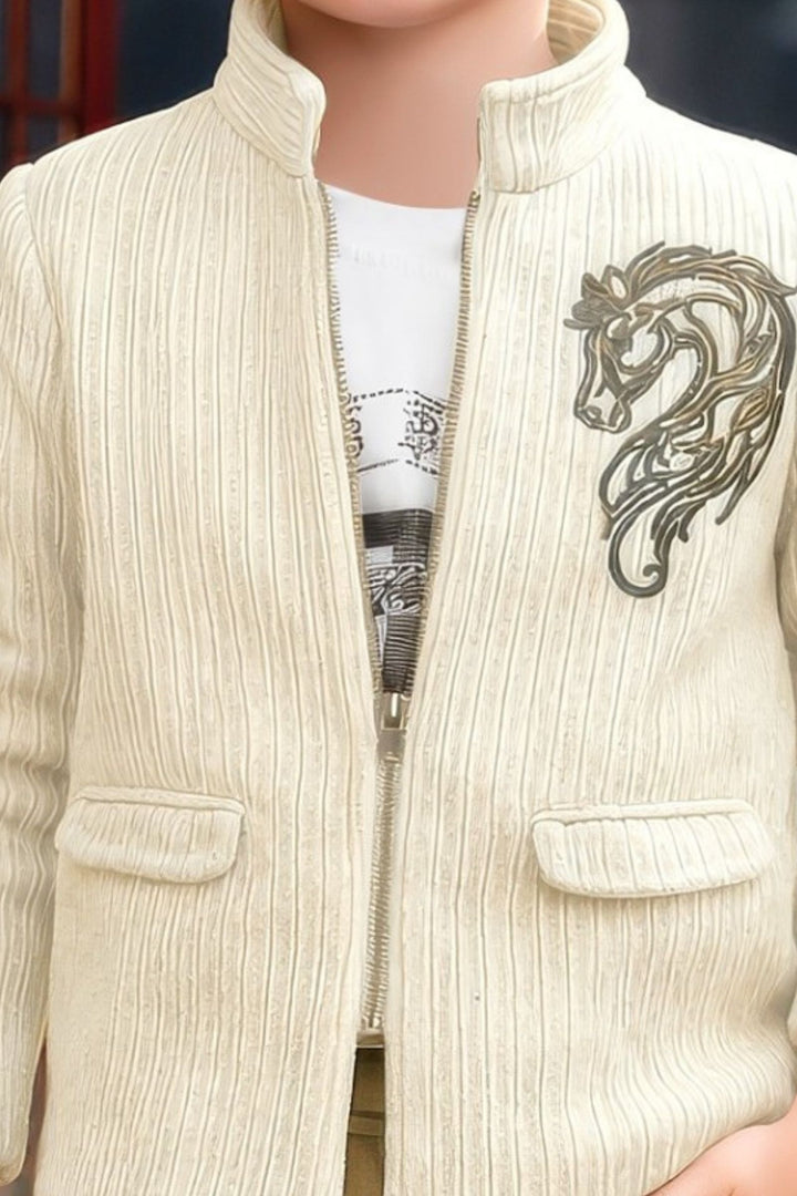 Cream Boys Blazer Set with Cream Printed T-Shirt and Light Khaki Pants
