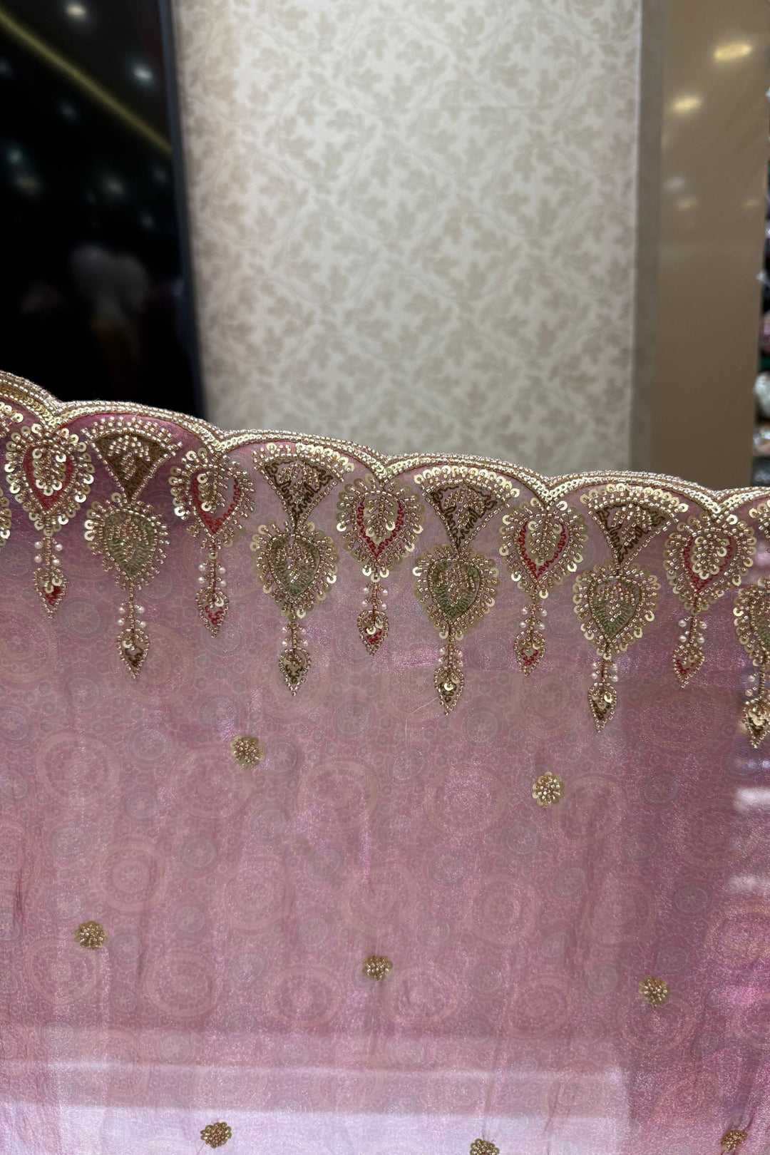 Onion Pink Pearls, Beads and Multicolor Thread work with Self Print Saree