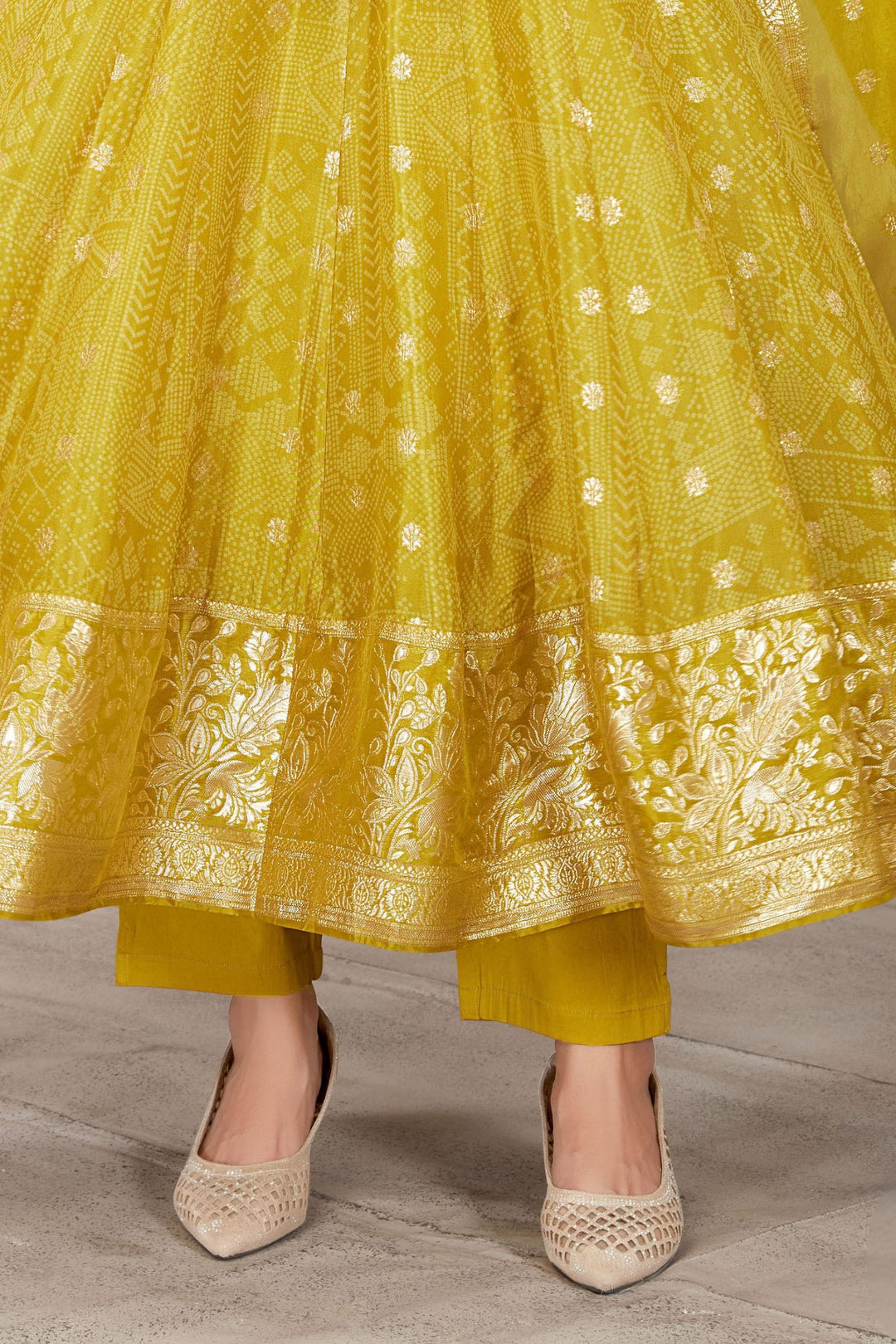 Liril Green Banaras, Zardozi and Mirror work with Bandini Print Anarkali Style Salwar