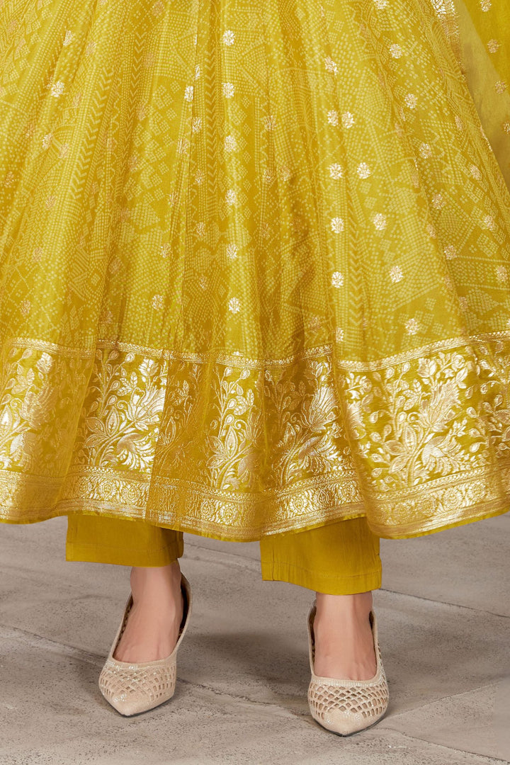 Liril Green Banaras, Zardozi and Mirror work with Bandini Print Anarkali Style Salwar