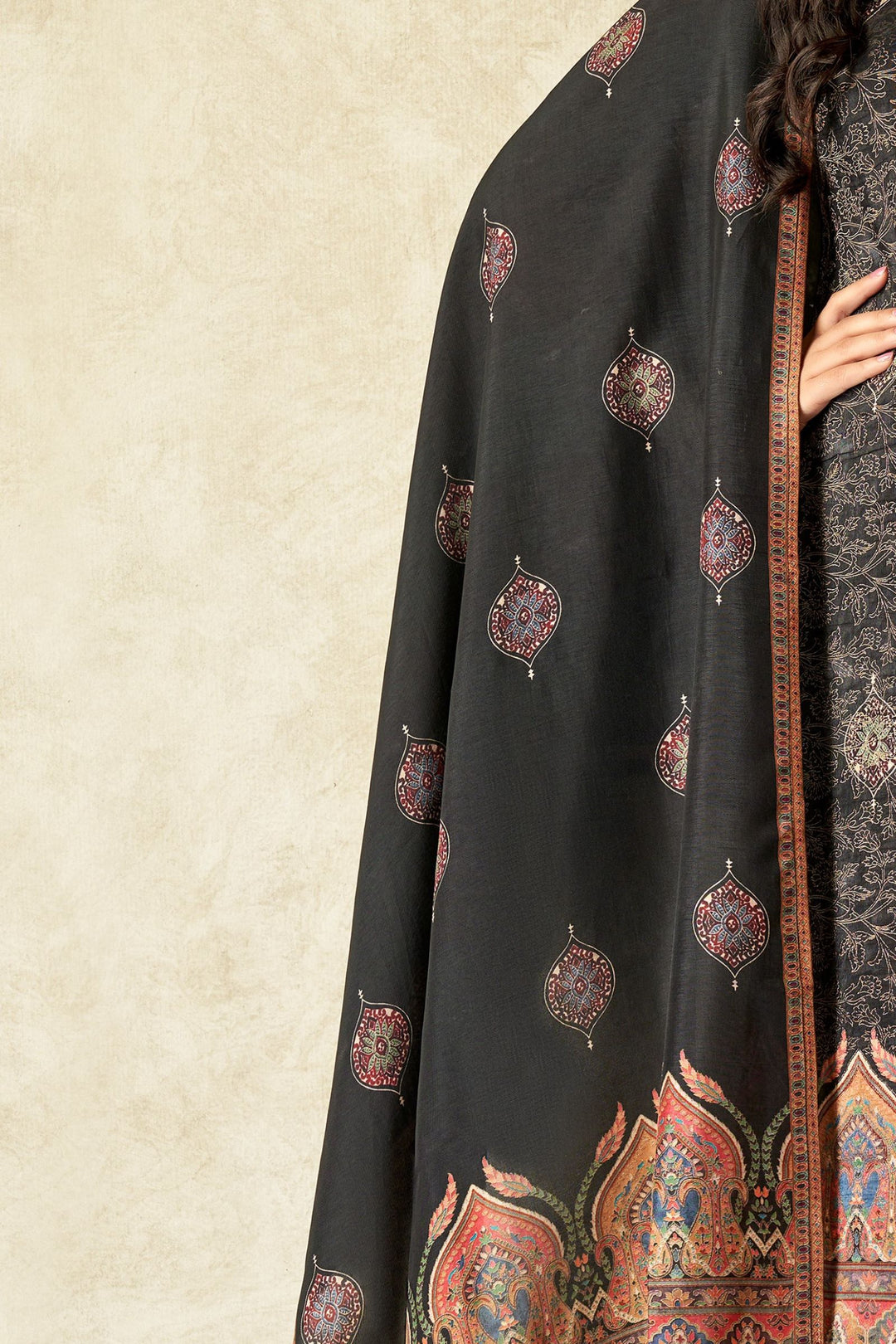 Black Banaras, Beads, Zardozi and Stone work with Digital Print Straight Cut Salwar Suit