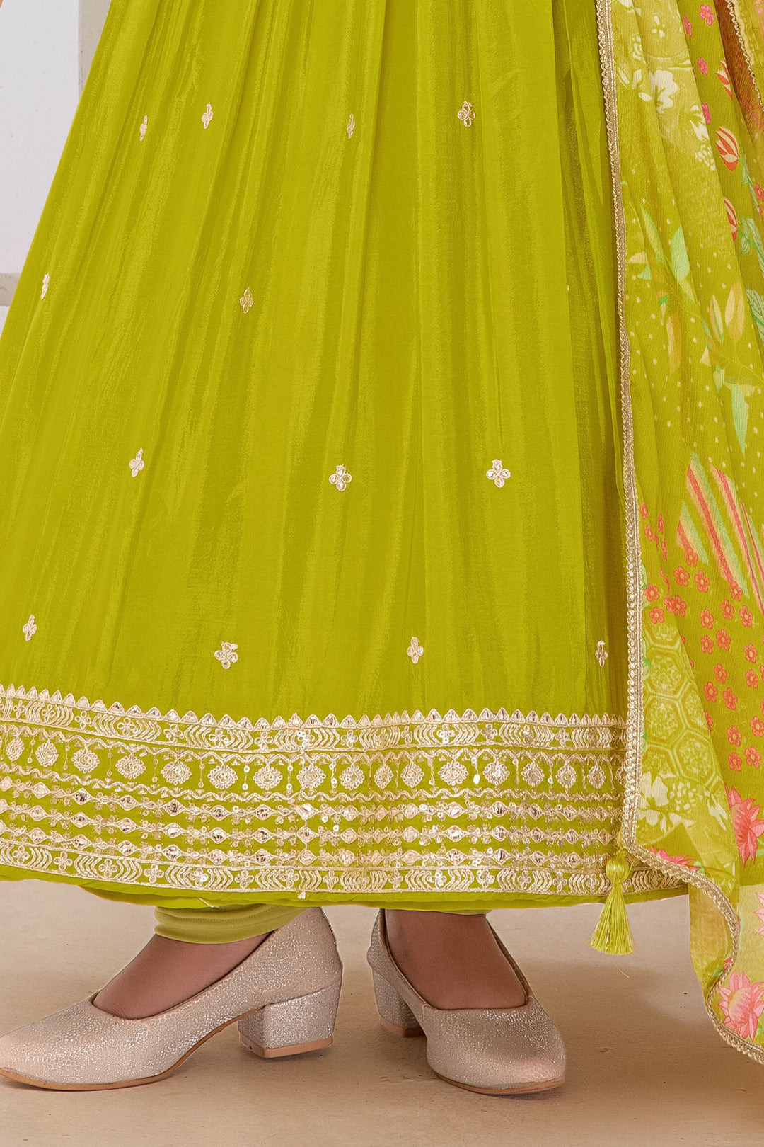 Green Sequins, Zari, Zardozi, Beads and Thread work Anarkali Style Salwar Suit for Girls