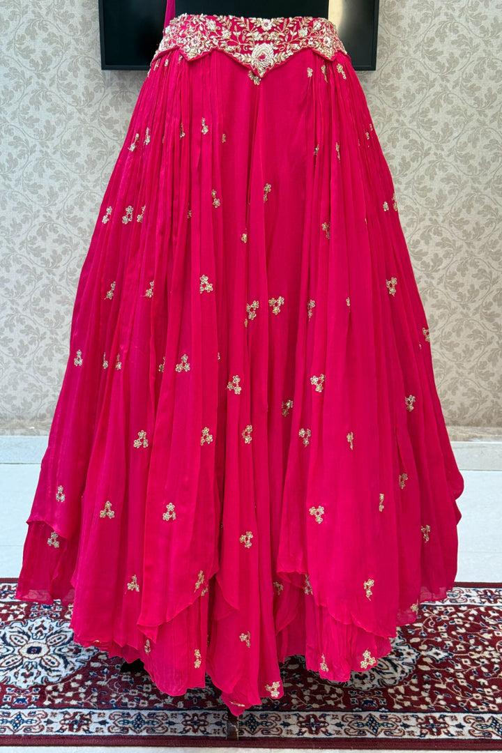 Rani Pink Sequins, Beads, Mirror, Zardozi and Zari work Crop Top Lehenga