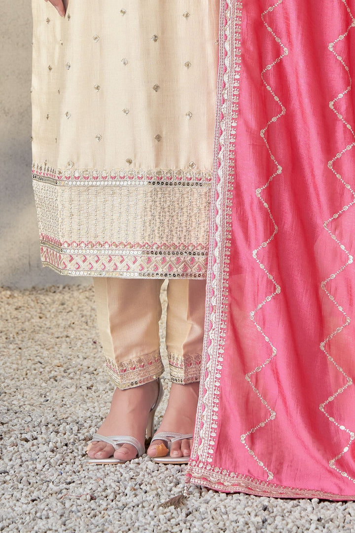 Cream Sequins, Zari and Thread work Straight Cut Salwar Suit