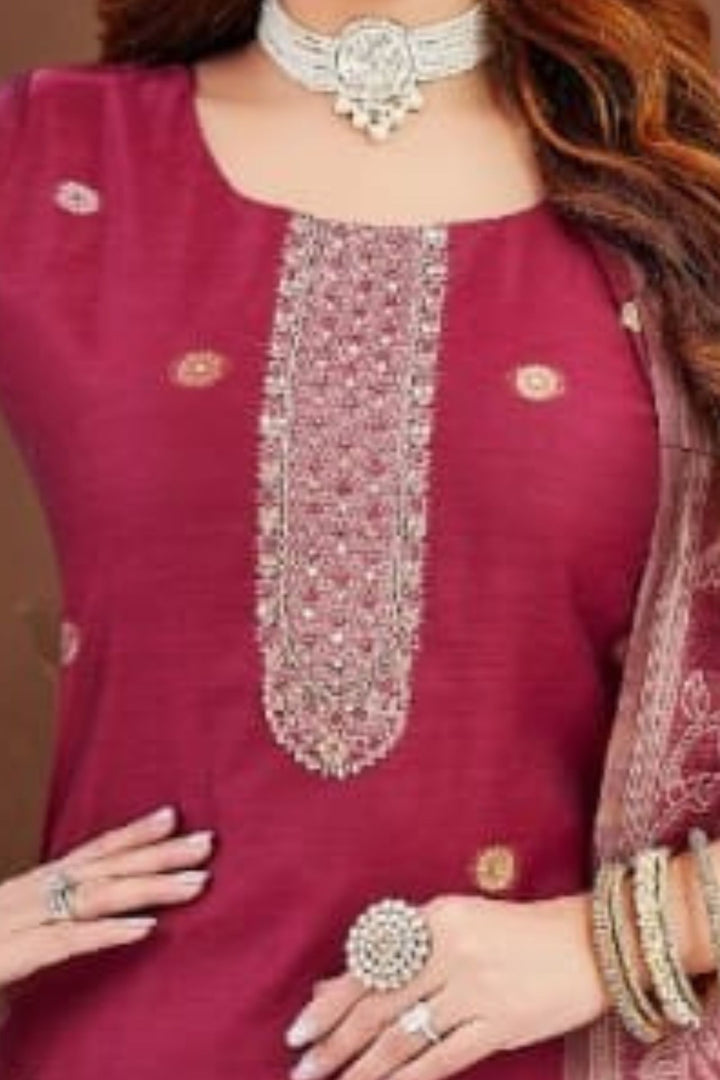 Magenta Zardozi, Sequins, Beads and Banaras work Straight Cut Salwar Suit