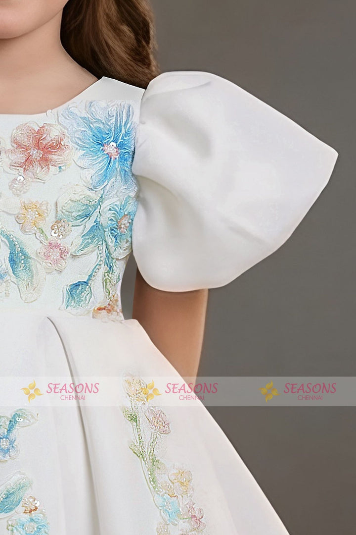 Half White Beads and Floral Applique work Short Partywear Frock for Girls