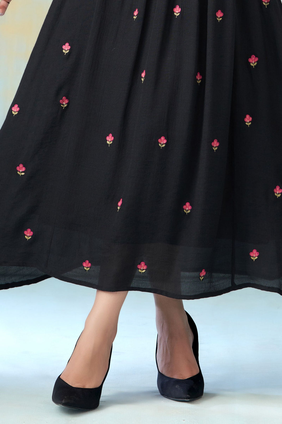Black Multicolor Thread work Anarkali Styled Long Kurti