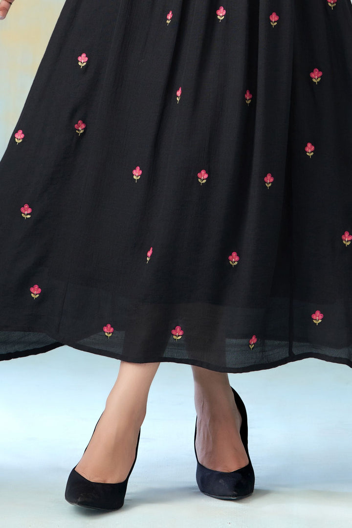 Black Multicolor Thread work Anarkali Styled Long Kurti