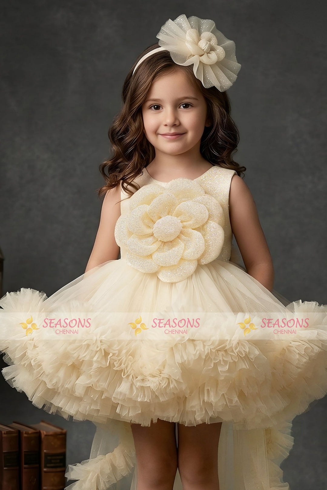 Light Yellow Glitter work Tail Cut Double Layered Partywear Frock for Girls