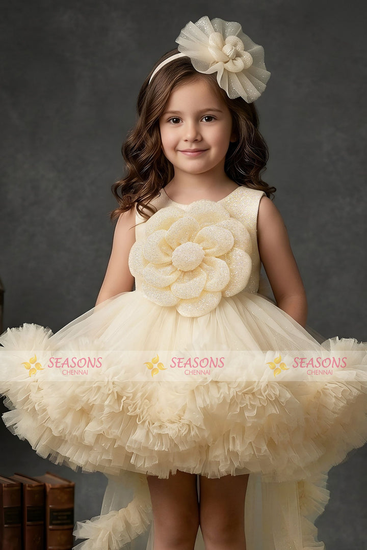 Light Yellow Glitter work Tail Cut Double Layered Partywear Frock for Girls