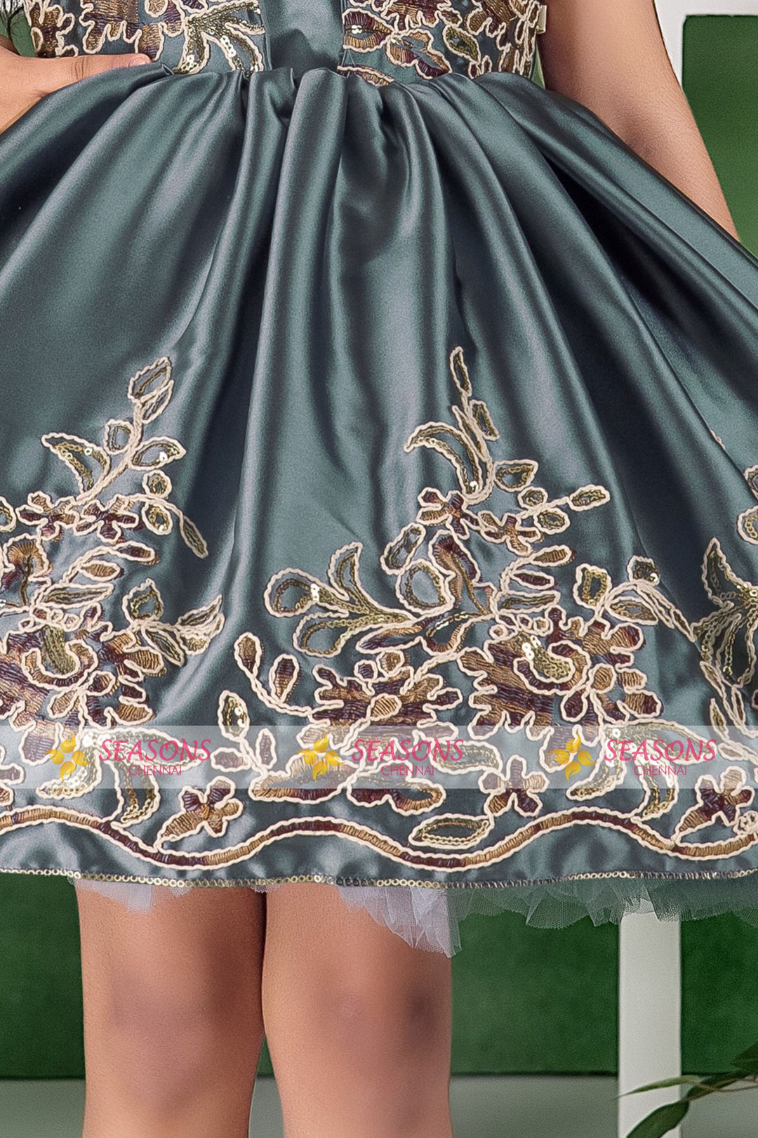 Dark Grey Embroidery and Sequins work Short Partywear Frock for Girls