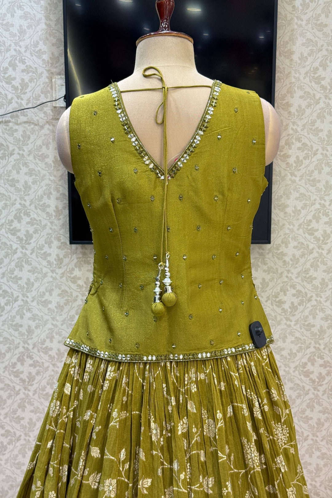 Mehendi Green Mirror, Beads, Sequins, Zardozi and Banaras work Peplum Style Lehenga